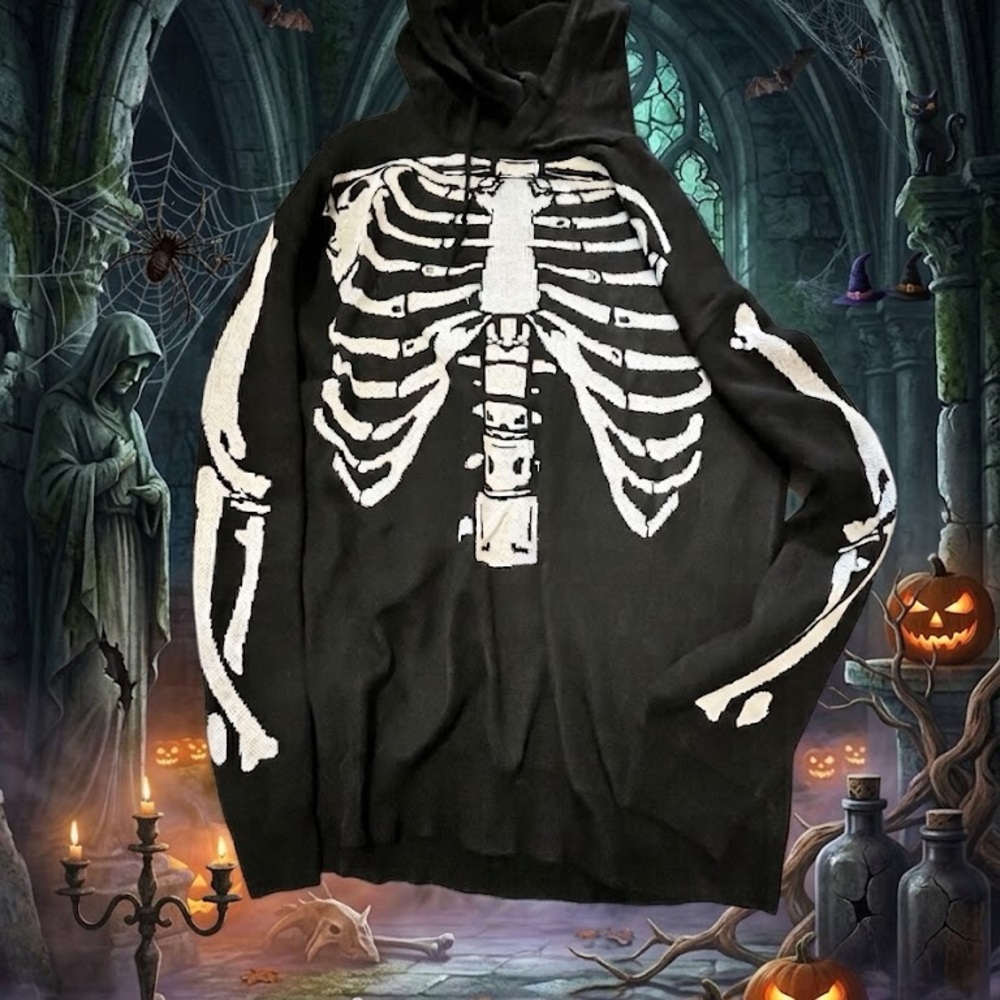 Black Skeleton Knit Hoodie Sweater - Men